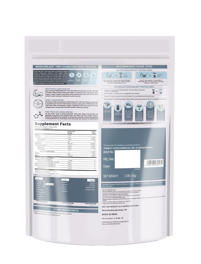 MuscleBlaze Raw Whey Protein 80%, 2.2lb, Unflavoured