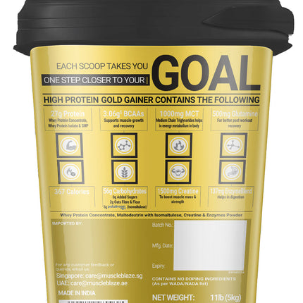 MuscleBlaze High Protein Gold Gainer, 11 lb Chocolate, 5kg (Round Bucket)