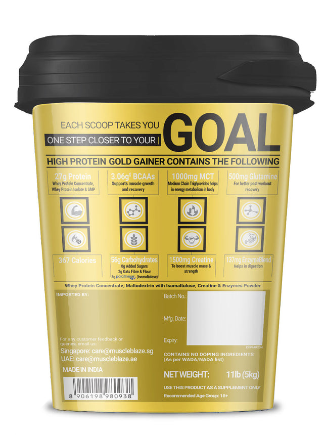 MuscleBlaze High Protein Gold Gainer, 11 lb Chocolate, 5kg (Round Bucket)